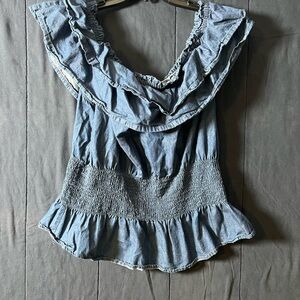 Ashley Stewart Chambray Ruffle Smocked Blouse